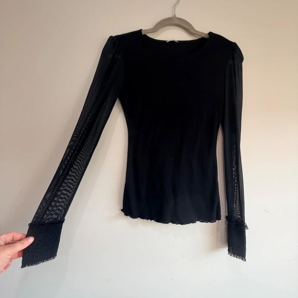 Intimately Free People Turn It Up Black Mesh Long Puff Sleeve Top Small Witchy